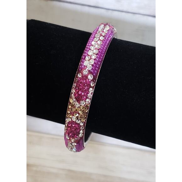 Vintage Bracelet / Bangle Pink, Clear Gems & Light Gold Tone Gems 7" - Picture 1 of 7